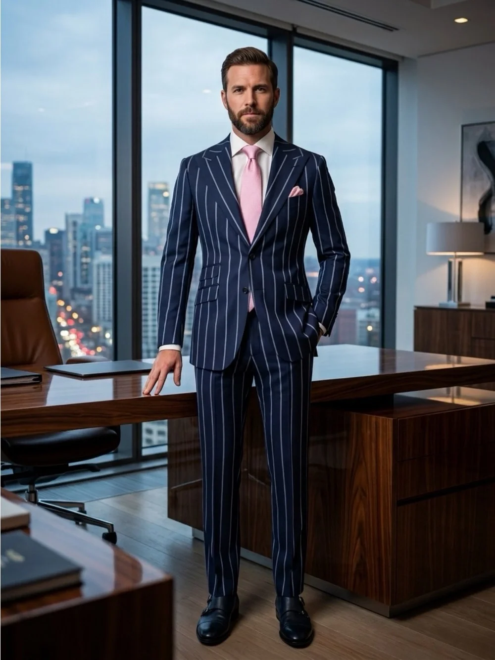 Navy bold Pinstripe super 150 wool suit  Made in Italy